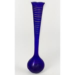 Vintage Cobalt Blue Glass Vase With Gold Stripes - 12”H